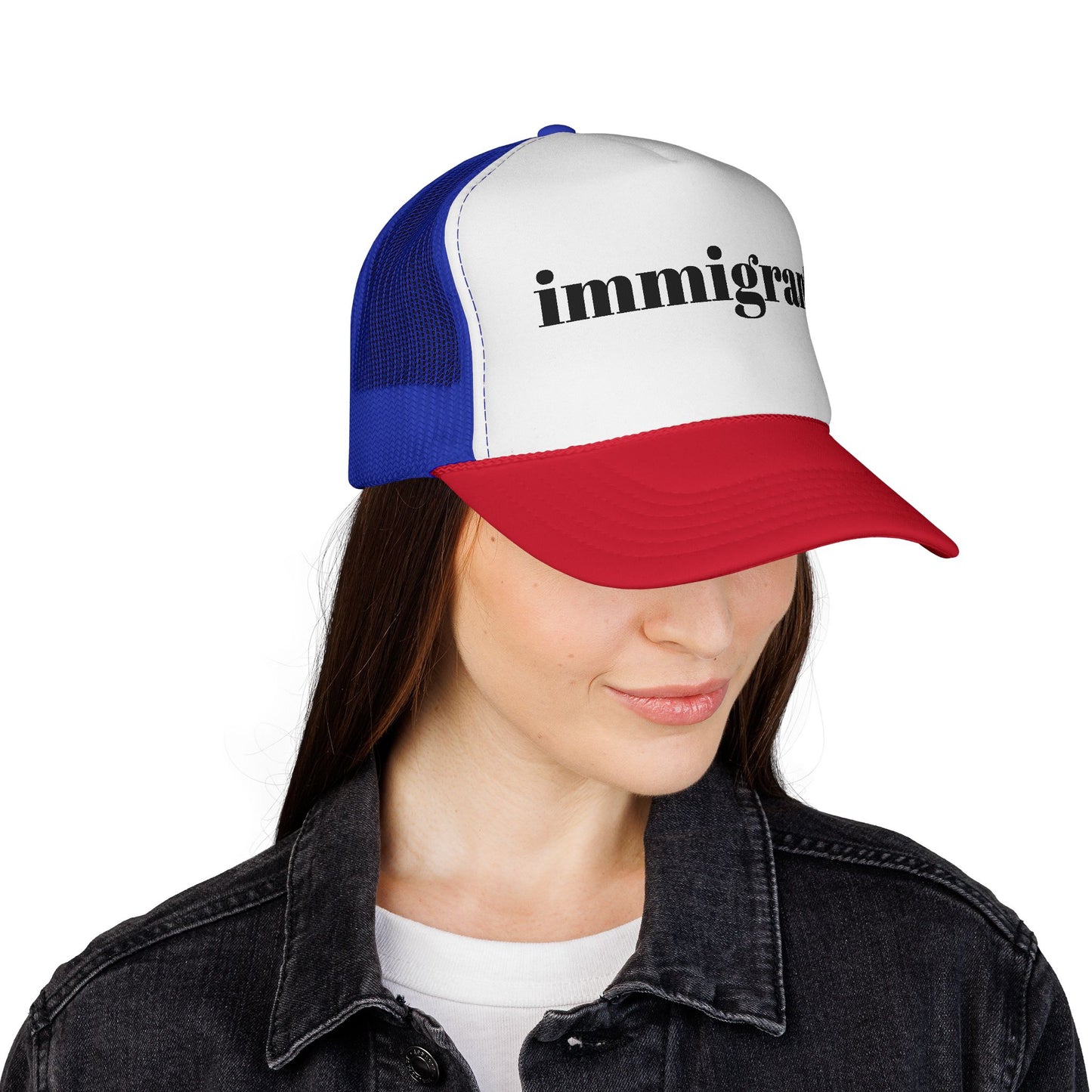 Immigrant Trucker Hat — Bold Statement Cap (Patriotic Red, White & Blue)